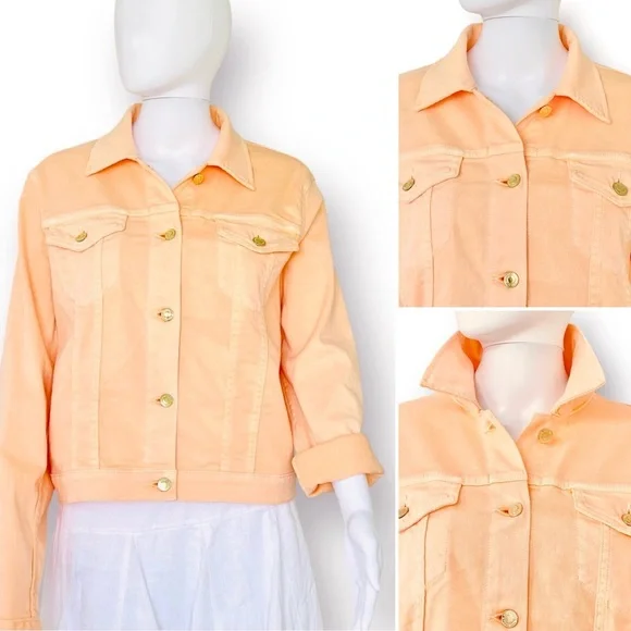 MICHAEL KORS Denim Jacket Gold Button Stretch Patch Pocket Pointed Collar